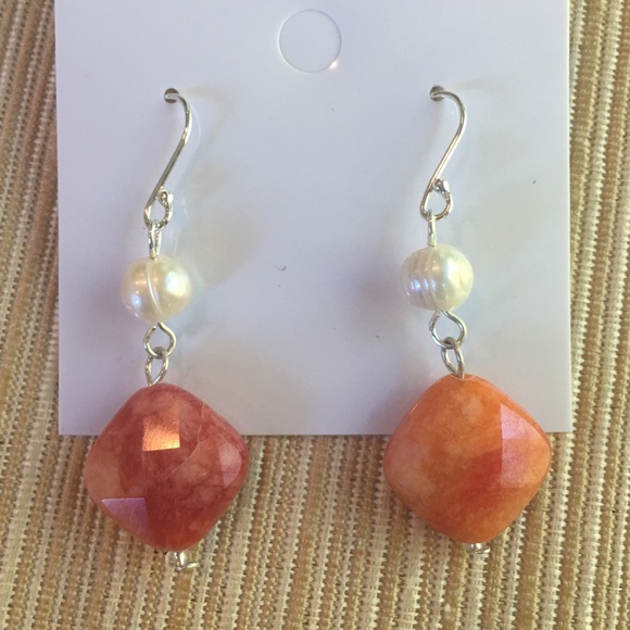 Sterling Pearl and Orange Stone Earrings - Picture 3 of 6